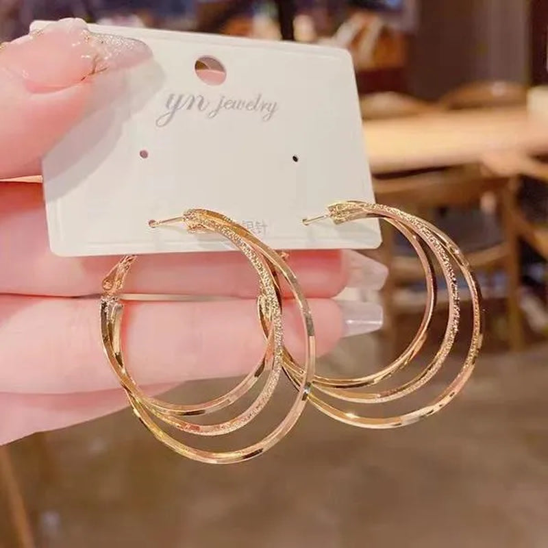 Exquisite Silver Plated Gold Color Three-layer Circle Exaggerated Simple Earrings Romantic Valentine's Day Gift Engagement Earrings Wedding Earrings Anniversary Hoop Earrings Women's European and American Fashion Female Jewelry - WORLD TIME VISITS