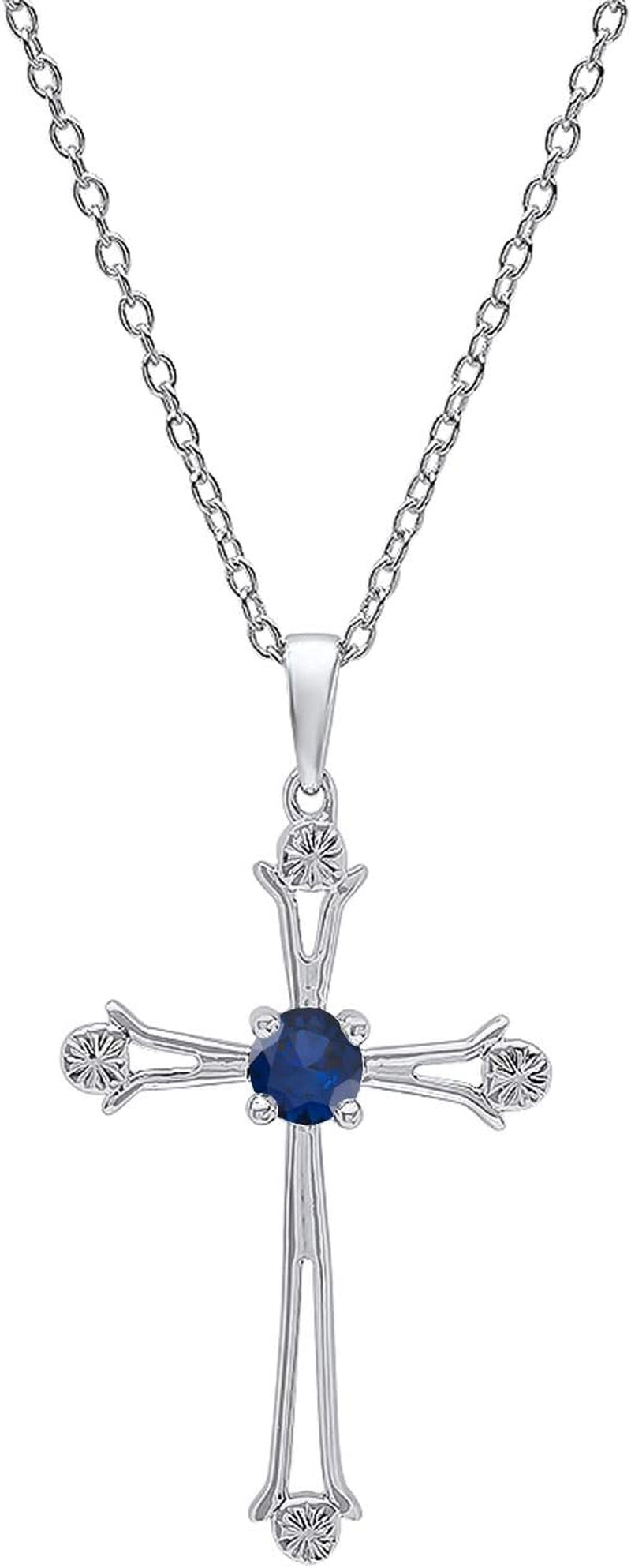 4 MM round Gemstone Ladies Cross Pendant (Silver Chain Included), Sterling Silver