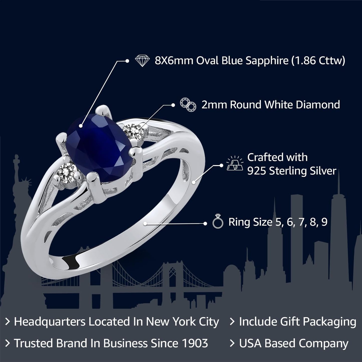 925 Sterling Silver Gemstone Birthstone and Diamond 3 Stone Engagement Ring for Women | Oval 8X6MM | round 2MM | Wedding Engagement Anniversary Promise Ring | Sizes 5-9