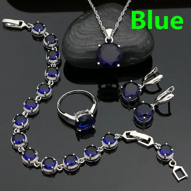 925 Sterling Silver Bridal Jewelry Sets Green Emerald Drop Earrings Ring Pendant Necklace Bracelet 4Pcs Birthday Gift for Women