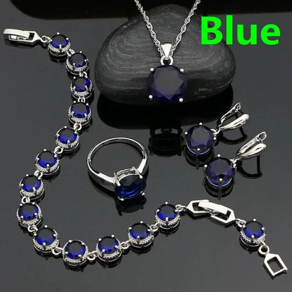 925 Sterling Silver Bridal Jewelry Sets Green Emerald Drop Earrings Ring Pendant Necklace Bracelet 4Pcs Birthday Gift for Women