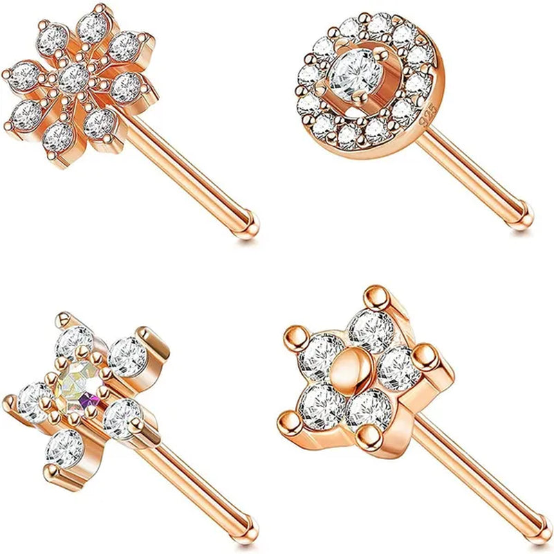 4-piece 925 Sterling Silver Women's Nose Nail 20G Nose Nail Inlaid with Cubic Zirconia Lovely Flower Star Shaped Nose Ring L-shaped Screw Rose Gold Nose Ring Anti Allergic Nose Jewelry