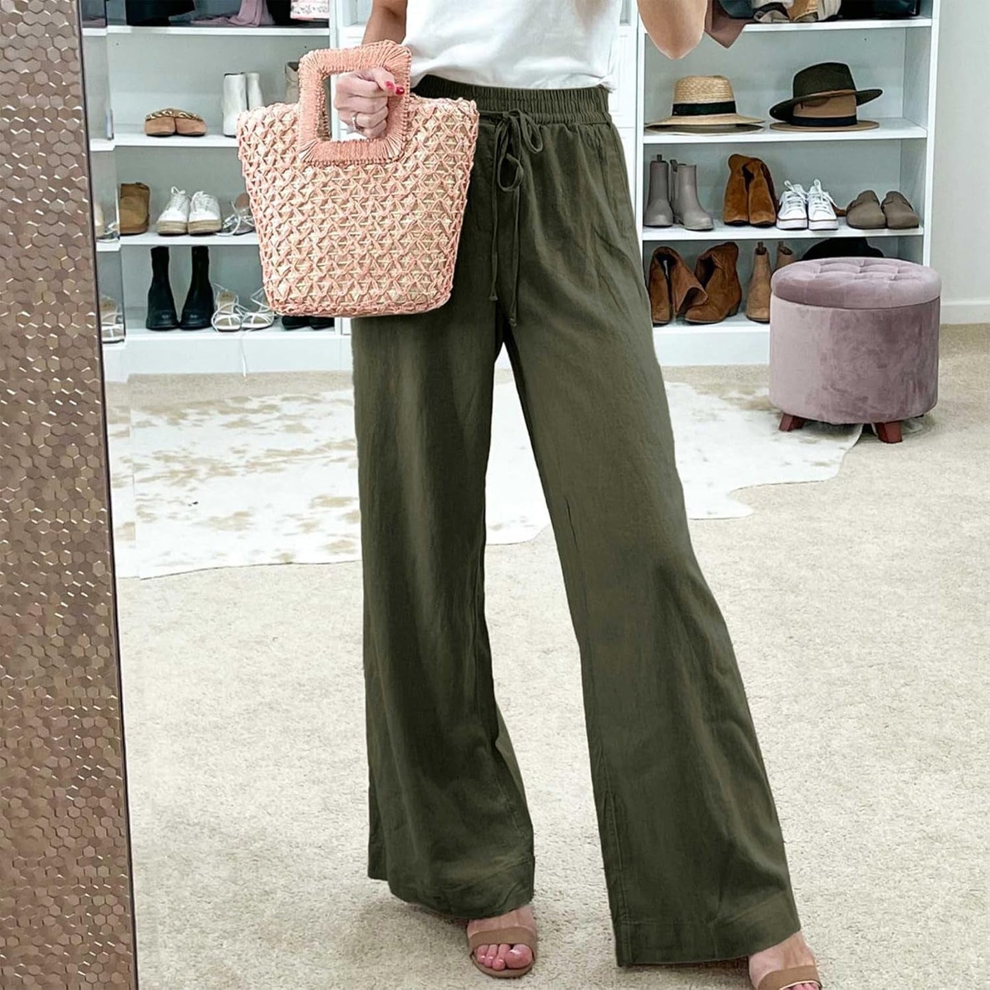 Womens Cotton Linen Palazzo Pants Drawstring Elastic Waist Casual Wide Leg Trousers with Pockets