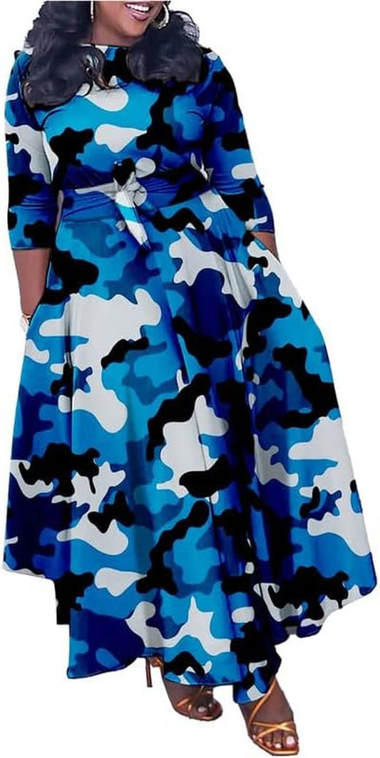 Women'S Long Sleeve V Neck Long Maxi Dress Loose African Floral Print a Line Skirt Dresses plus Size with Belt