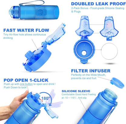 Sports Water Bottle, 400/500/700Ml/1L, BPA Free Leak Proof Tritan Lightweight Bottles for Outdoors,Camping,Cycling,Fitness,Gym,Yoga- Kids/Adults Drink Bottles with Filter, Lockable Pop Open Lid