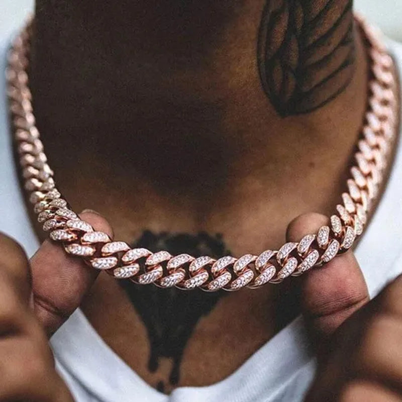 A Set(Bracelet+Necklace) 13MM Width Cuban Link Chain Gold Silver Plated Bling Miami Cuban Necklace Bracelet Diamond Chain for Fashion Men and Women Iced Out Hip Hop Jewelry Set