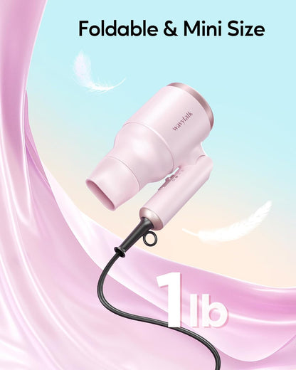 Blow Dryer with Diffuser, Mini Hair Dryer with Folding Handle, 1600W Quiet Lightweight Hairdryer with Diffuser Compact Design, Pinky White