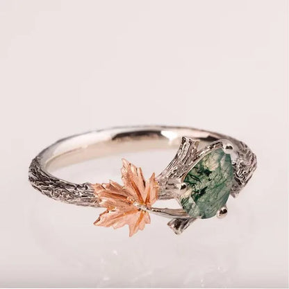 Antique Silver Maple Leaf Ring Women'S Vintage Two Tone Twig and Leaf Moss Agate Ring Anniversary Gift Engagement Bridal Wedding Jewelry Rings Size 5-10