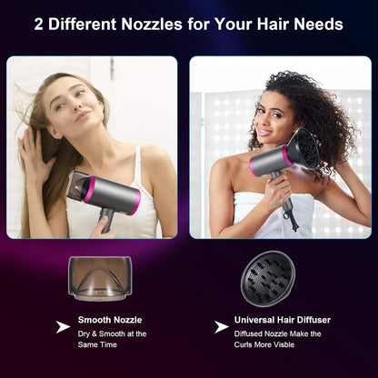 1800W Hair Dryer Professional Salon Anion Hair Dryer with Attachment Diffuser & Nozzles, 2 Speeds Fast Dry with Constant Temperature, Home Use Portable Foldable Hair Dryer