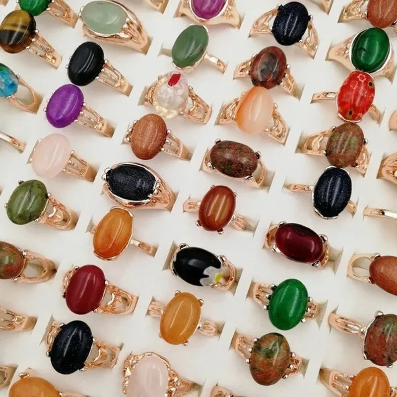 Mixed Wholesale 20Pcs/Gold-plated Natural Gem Ring Printing Rose-gold Women's Jewelry