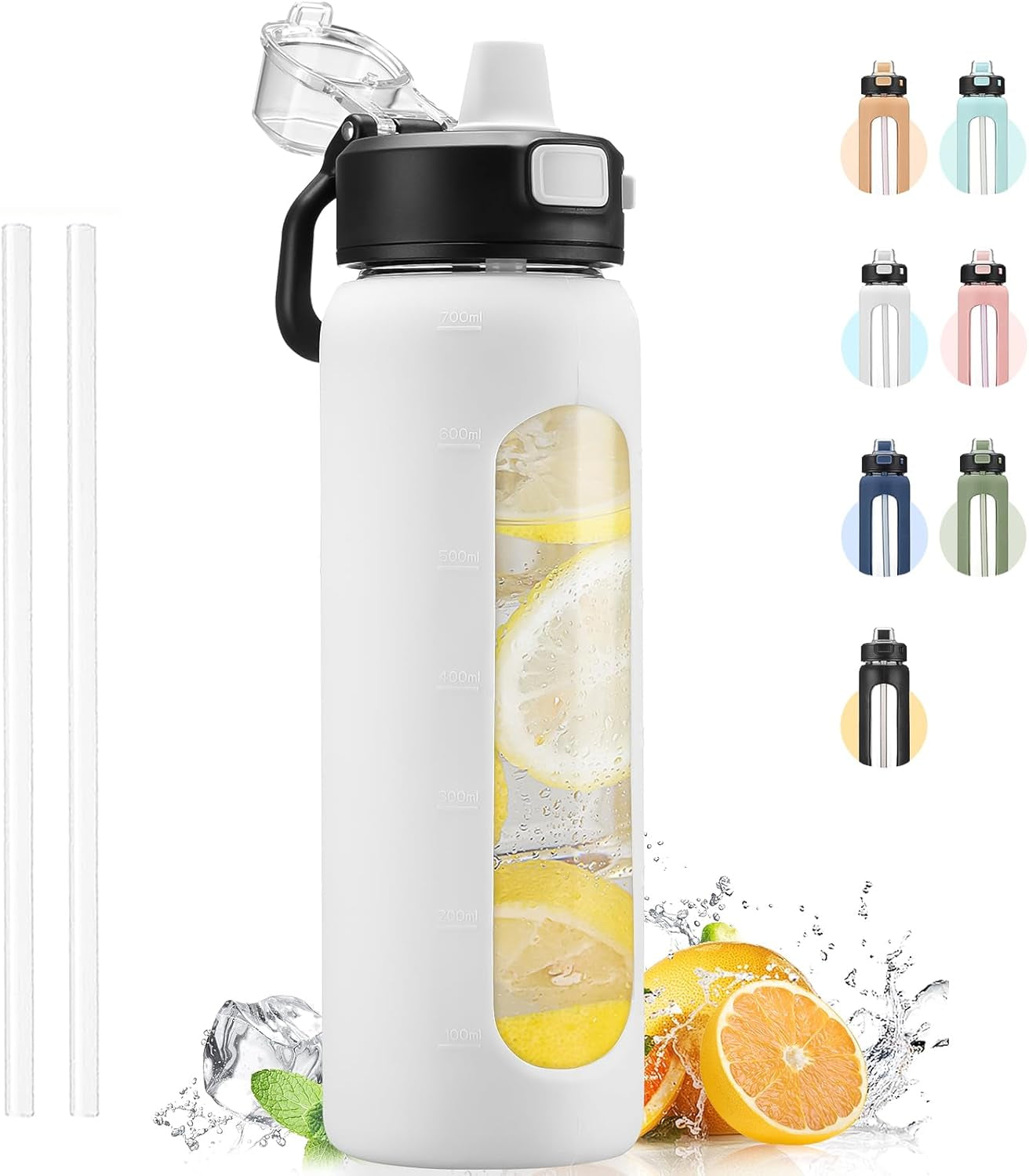 Water Bottle with Straw and Carry Handle, Glass Water Bottle 24 Oz Leak Proof Locking Lid with Soft Silicone Spout, Small Clear Water Bottle, Travel Sports Water Jug, Time Marker, White - WORLD TIME VISITS