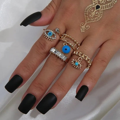 4 Pcs/Sets New Fashion Diamond Set Hollow Ring Vintage Evil Eye Finger Ring for Girl Women Jewelry Accessories