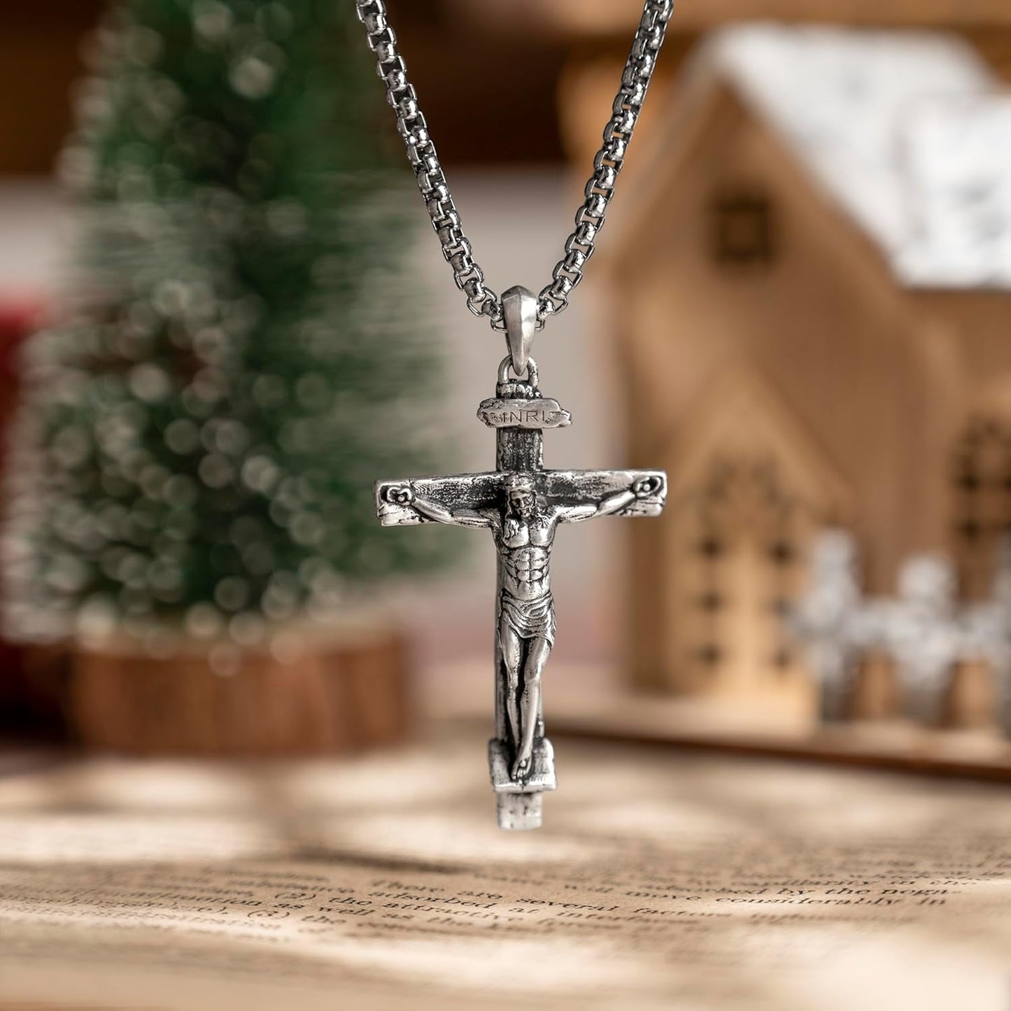 Sterling Silver Crucifix Pendant Necklace for Men Women, Jesus Cross Necklace for Boy Christmas Gift