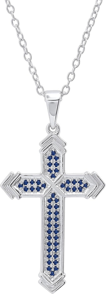 round Blue Sapphire Unisex Divine Cross Pendant in 925 Sterling Silver - WORLD TIME VISITS