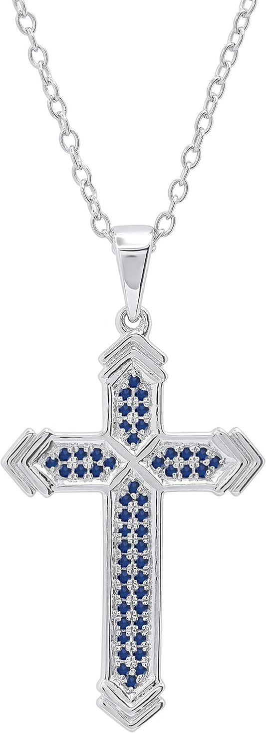 round Blue Sapphire Unisex Divine Cross Pendant in 925 Sterling Silver - WORLD TIME VISITS