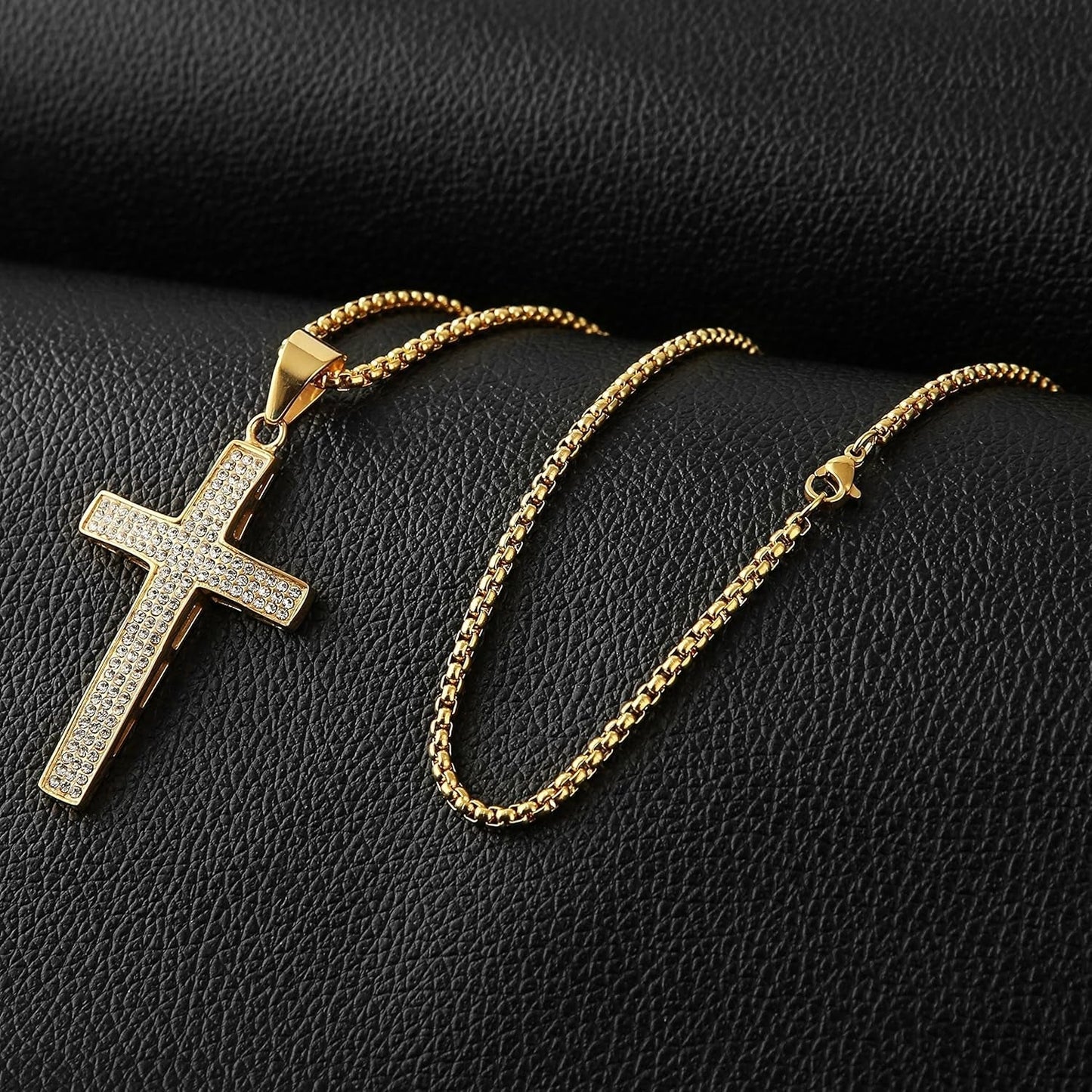 Mens Iced Out Cross Cz Inlay Pendant 18K Gold Plated Stainless Steel Hip-Hop Necklace 24"