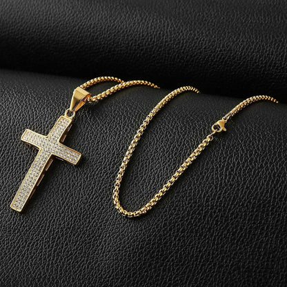 Mens Iced Out Cross Cz Inlay Pendant 18K Gold Plated Stainless Steel Hip-Hop Necklace 24"