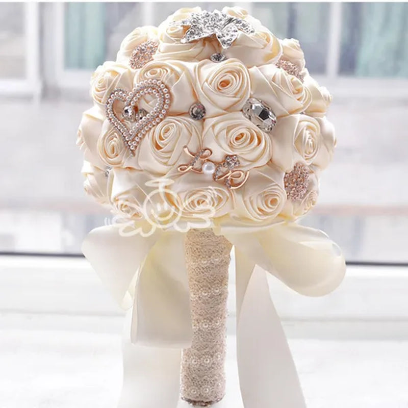 21CM Satin Ribbon Roses Wedding Bouquet Pearl Crystal Brooch Bride Holding Flowers Artificial Rose Wedding Flower Bridesmaid Bouquet. Multi-color Optional