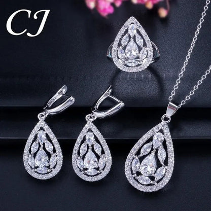 CANDICE Women'S Sterling Silver Plated Jewelry Set Summer New Fashion Blue Zircon Necklace Pendant Earrings Ring（Us 7-9)