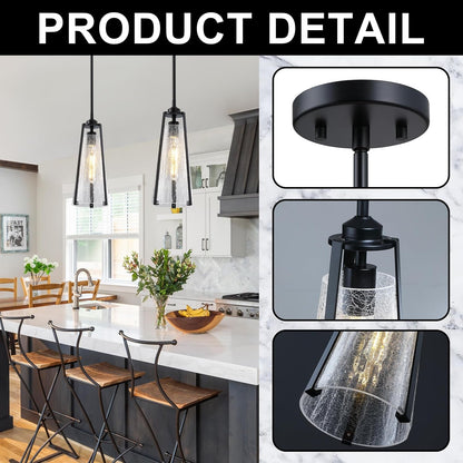 Crackle Glass Pendant Lights Black Hanging Ceiling Light Fixtures 14" Farmhouse Chandelier Adjustable Metal Cord for Dining Room Kitchen Island Bedroom Foyer, T10 Bulb Included