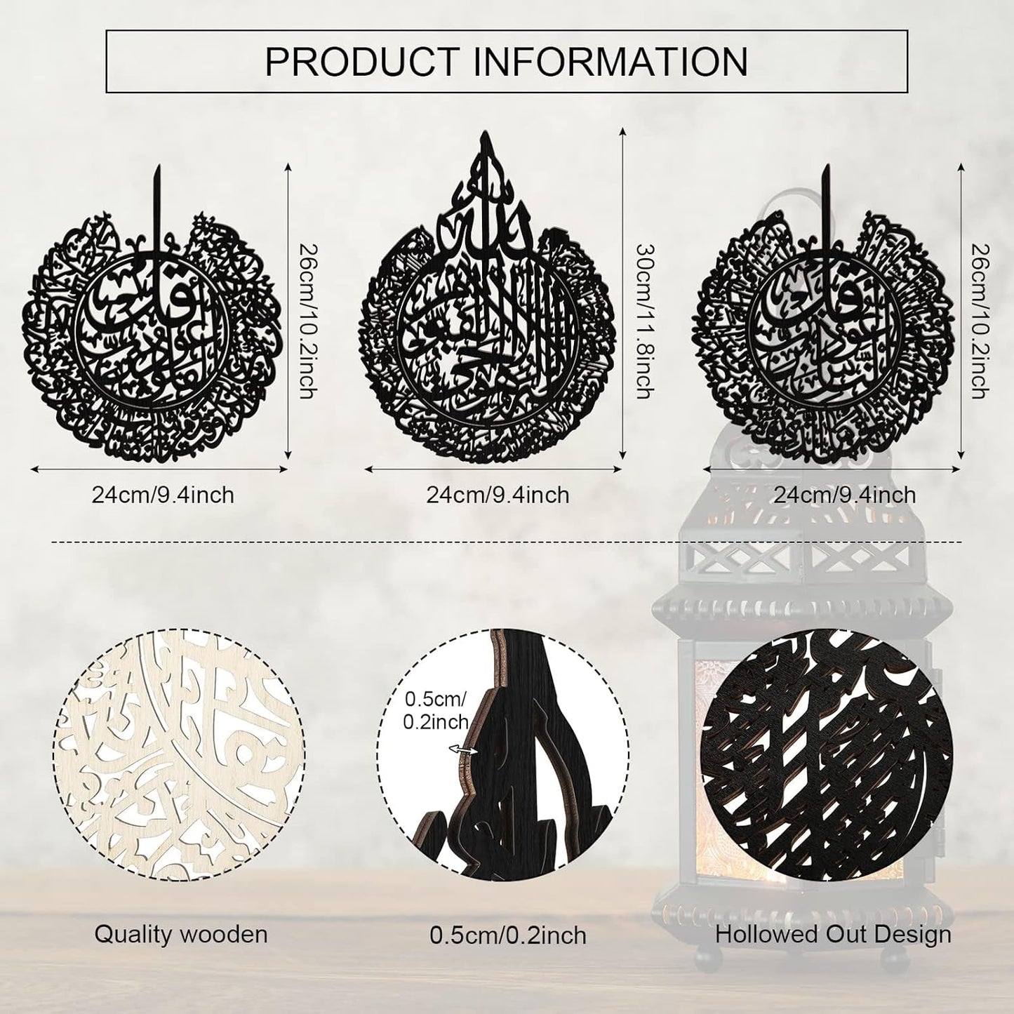3 Pieces Islamic Wall Decor Muslim Gift Islamic Wall Art for Living Room Calligraphy Indoor Wooden Muslim Decor for Home Bedroom(Black)