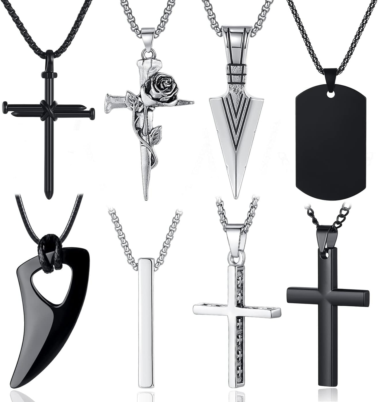 8 Pcs Necklace for Men, Mens Necklaces Jewelry Set, Black and Silver Stainless Steel Necklace, Cross Pendant Necklace, 16-24 Inches Chain - WORLD TIME VISITS