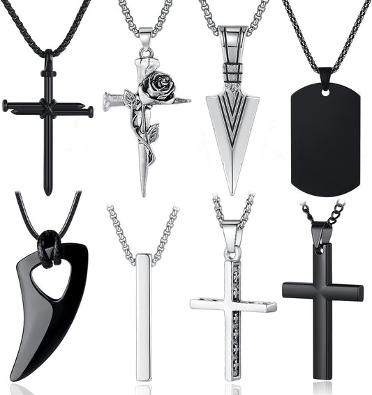 8 Pcs Necklace for Men, Mens Necklaces Jewelry Set, Black and Silver Stainless Steel Necklace, Cross Pendant Necklace, 16-24 Inches Chain - WORLD TIME VISITS