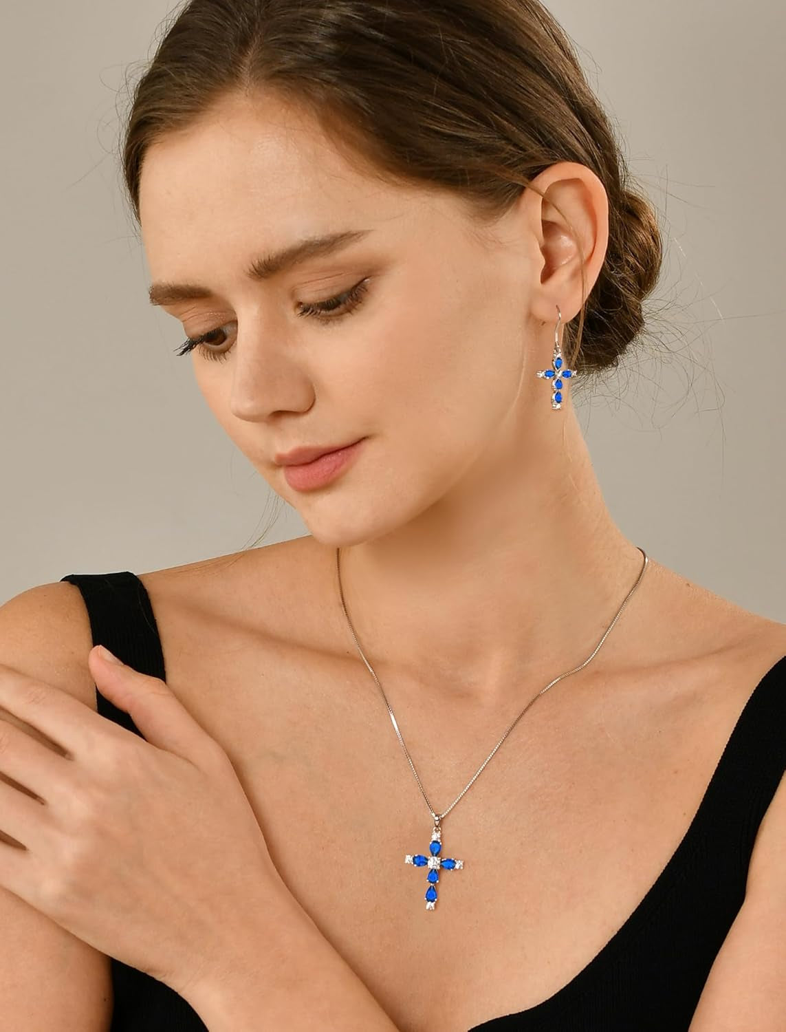 Cross Necklace for Women 925 Sterling Silver Halo Gemstone Pendant Birthstone Religious Jewelry for Mom