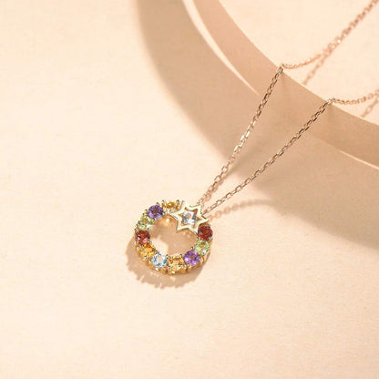 14K Solid Yellow Gold Sapphire Topaz Amethyst Garnet Peridot Citrine Multigemstone round Open Circle Pendant Necklace Gift for Her Mom Women, 16" + 2" Extender - WORLD TIME VISITS