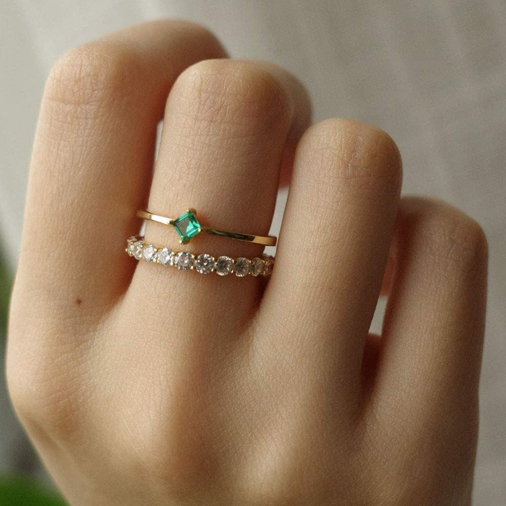 18K Gold Emerald Rings Simple Square Cut Dainty Delicate Rings Fine Jewelry for Women Girls