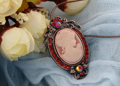 Vintage Inspired Rhinestones Cameo Lady Victorian Maiden Pendant Necklace