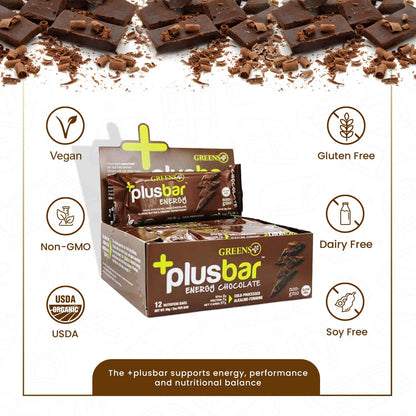 Plusbar Energy Bars, Chocolate, Gluten Free Healthy Snacks with Organic Super Greens, Superfoods & Dark Chocolate, Vegan, Dairy Free & Non GMO, 8G Protein Meal Replacement Bars, 12 Bars