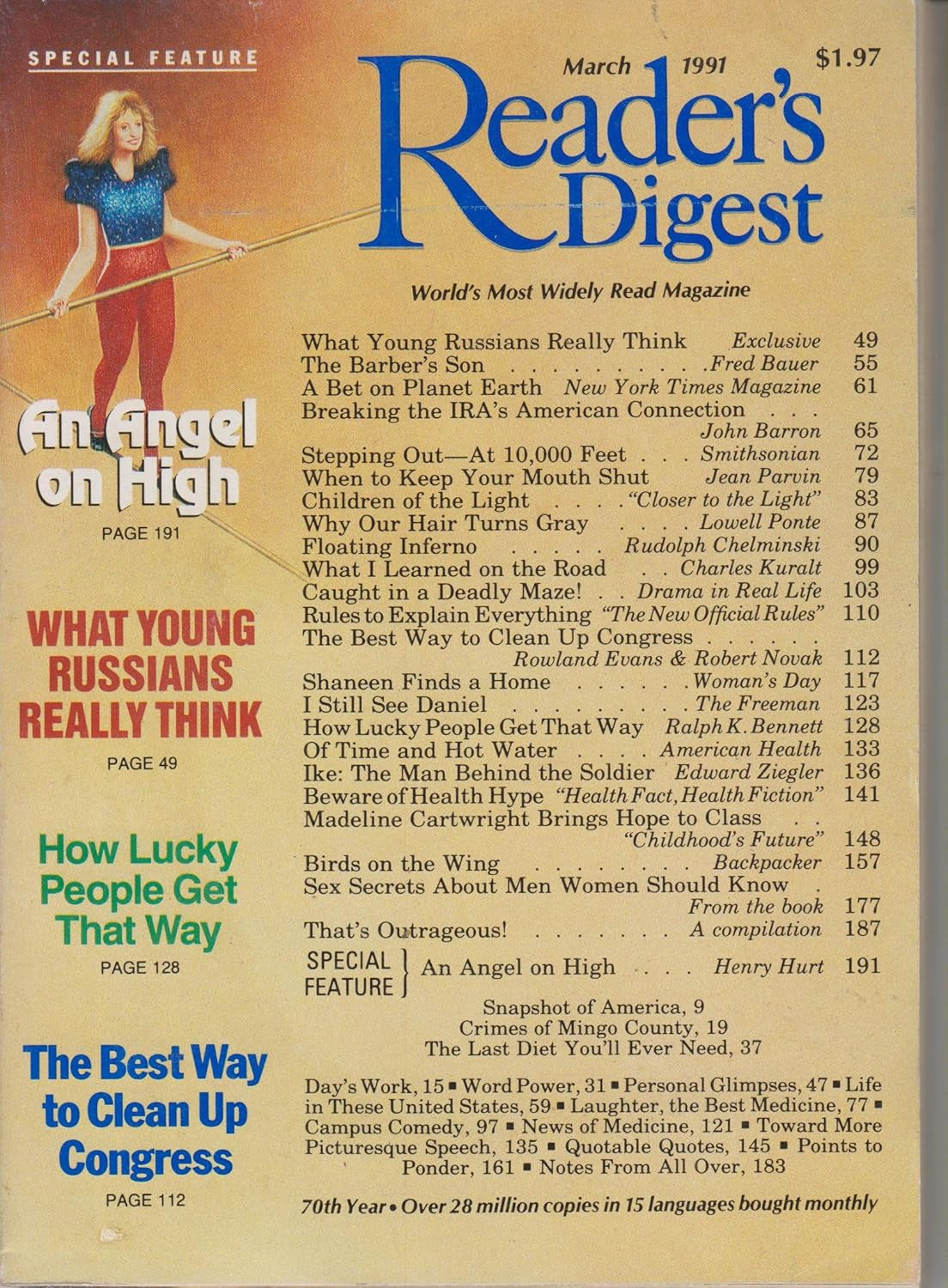 Reader'S Digest March 1991 an Angel on High, What Young Russians Really Think; How Lucky People Get That Way - WORLD TIME VISITS