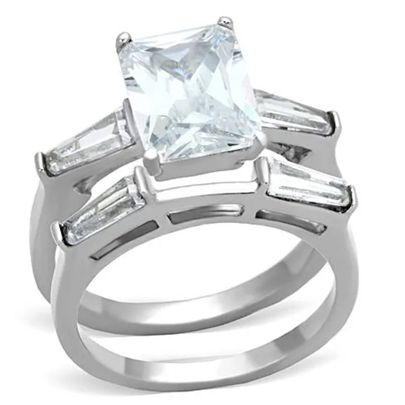 Women'S Stainless Steel 316 Emerald Cut Zirconia Engagement Wedding Ring Set Size 5-10 - WORLD TIME VISITS