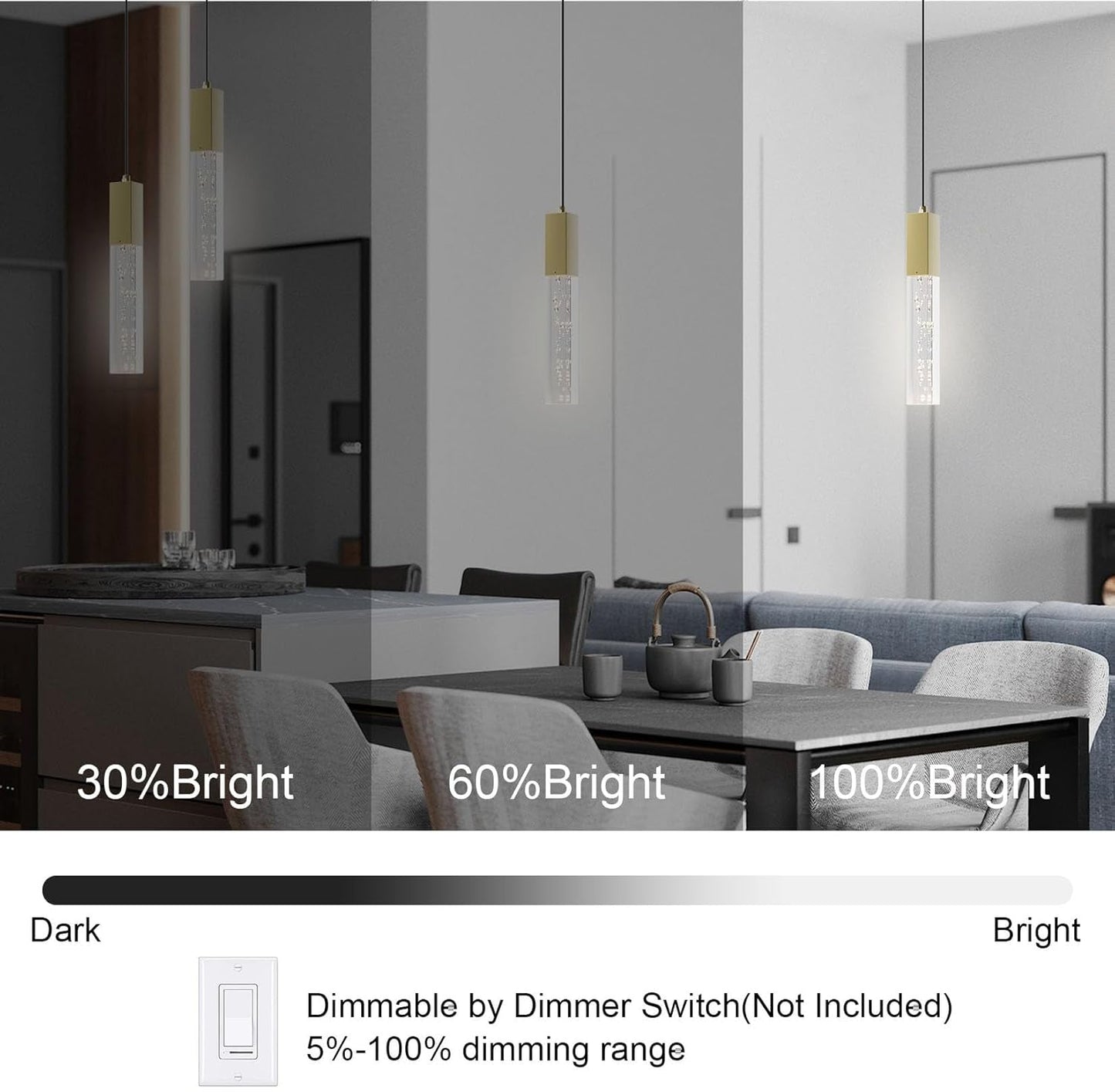 Brass Pendant Light Kitchen Fixture Dimmable Integrated LED Modern Pendant Light for Kitchen Island Mini Crystal Pendant Light for Bathroom Bedroom 3000K Warm Light(2-Pack) - WORLD TIME VISITS