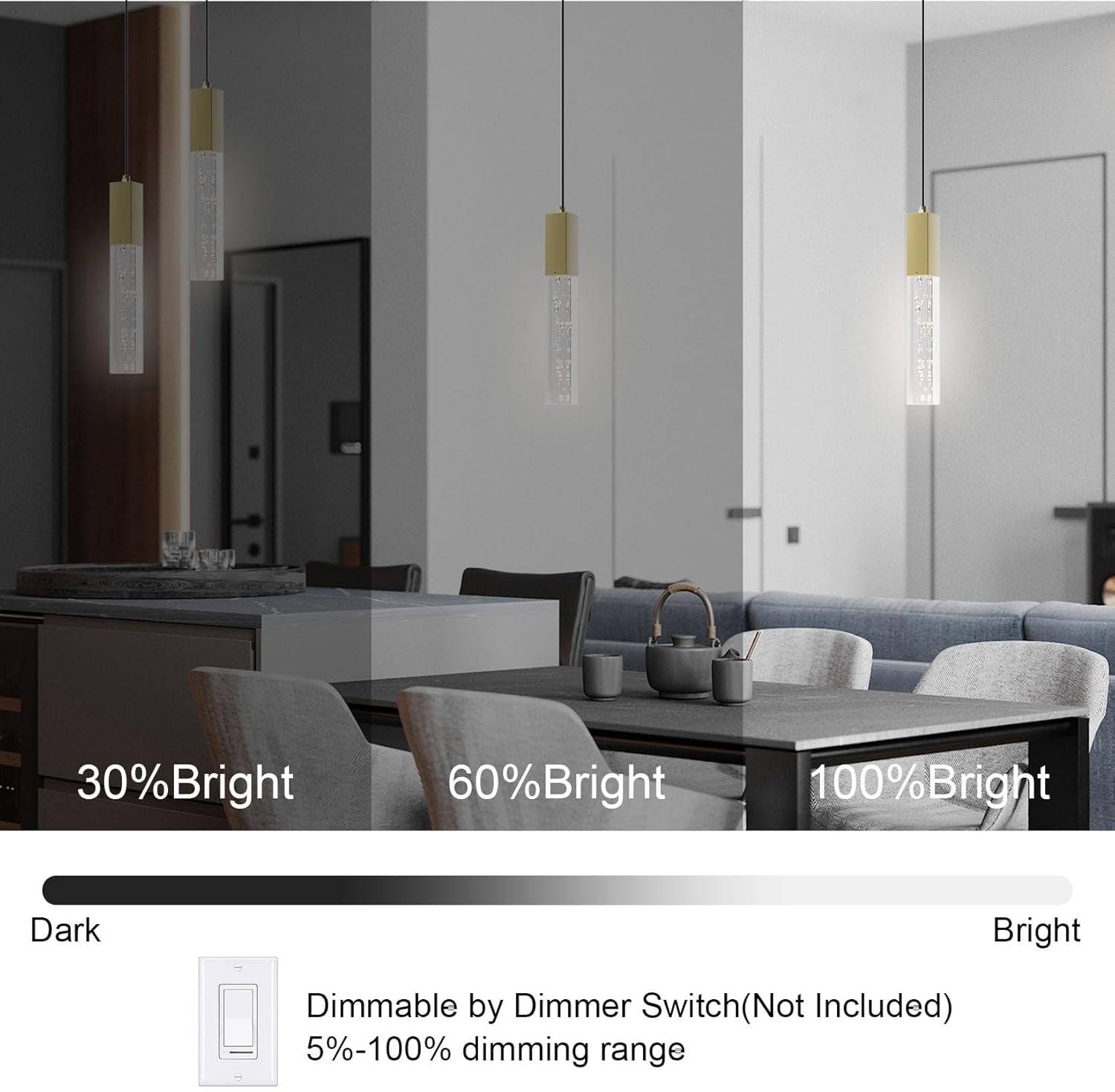 Brass Pendant Light Kitchen Fixture Dimmable Integrated LED Modern Pendant Light for Kitchen Island Mini Crystal Pendant Light for Bathroom Bedroom 3000K Warm Light(2-Pack) - WORLD TIME VISITS