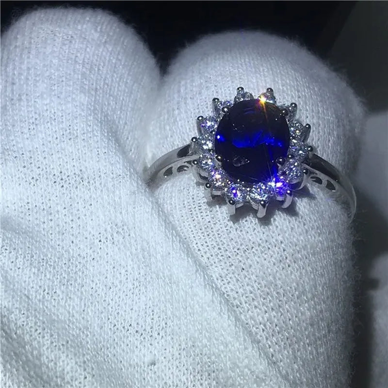 Exquisite Luxury Silver Plated Blue Cubic Zirconia Ring Engagement Wedding Band Rings for Women Bridal Anniversary Gift Jewelry