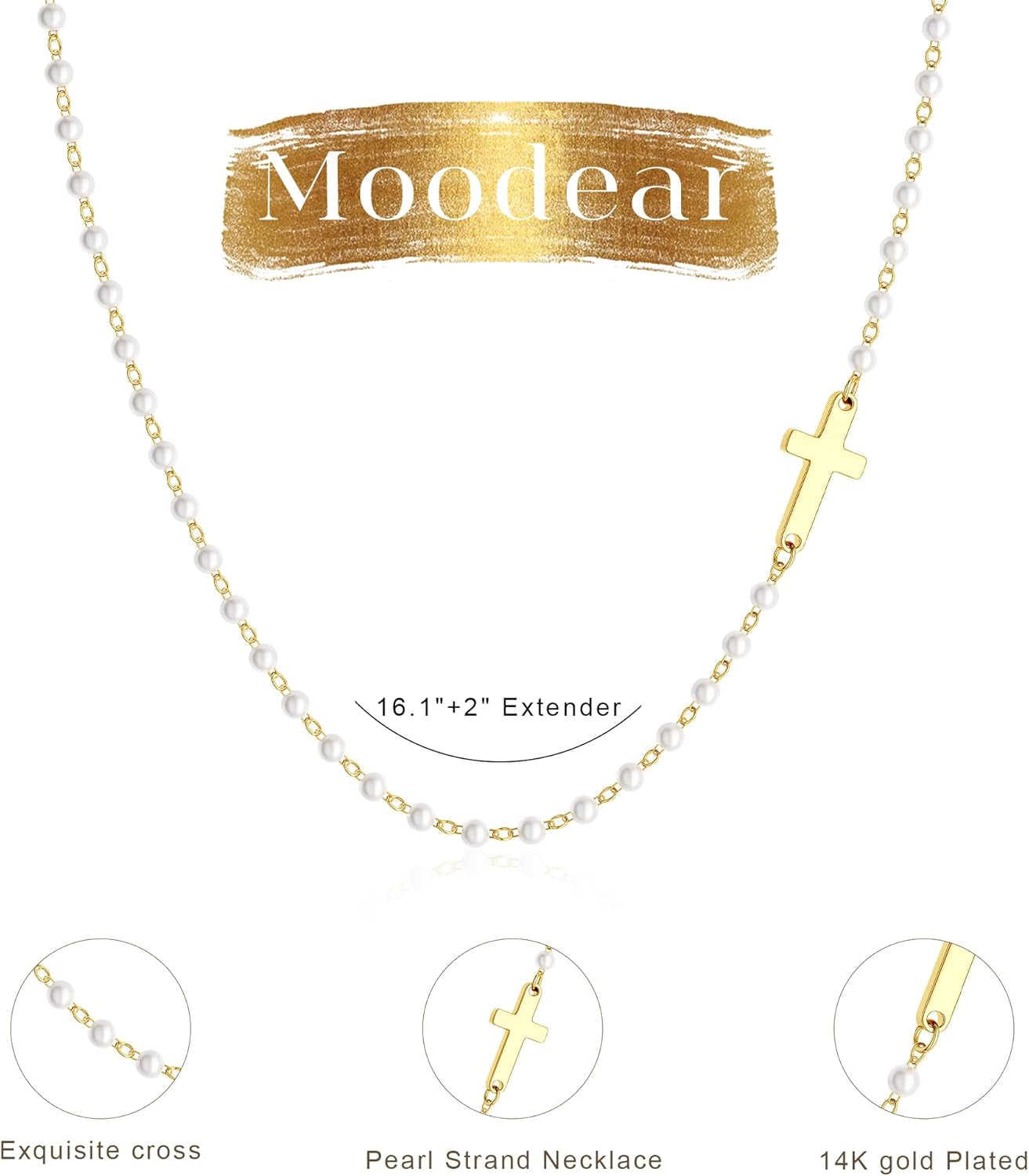Pearl Cross Necklace for Women – 14K Gold Plated Faith Religious Jewelry