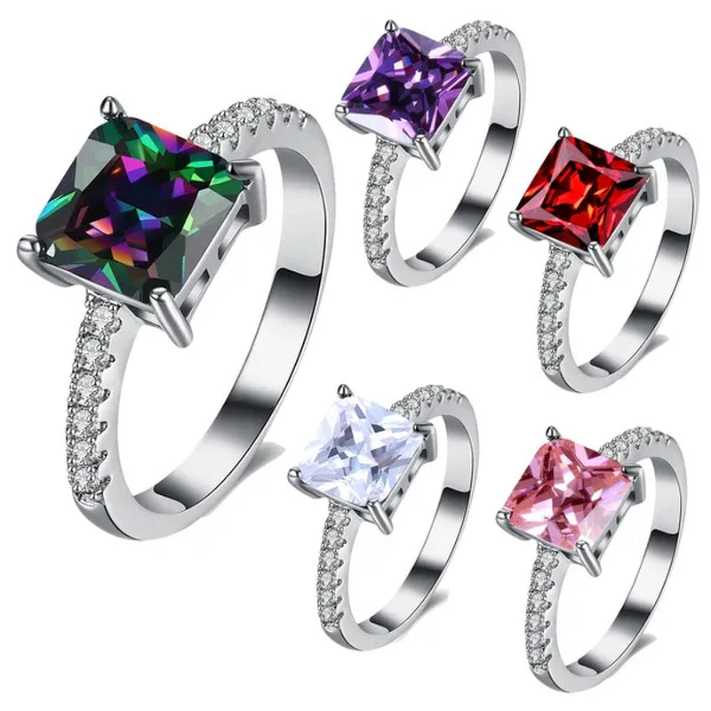 Women 18K White Gold Plated Square Rainbow Sapphire Crystal Wedding Ring Bridal Jewelry