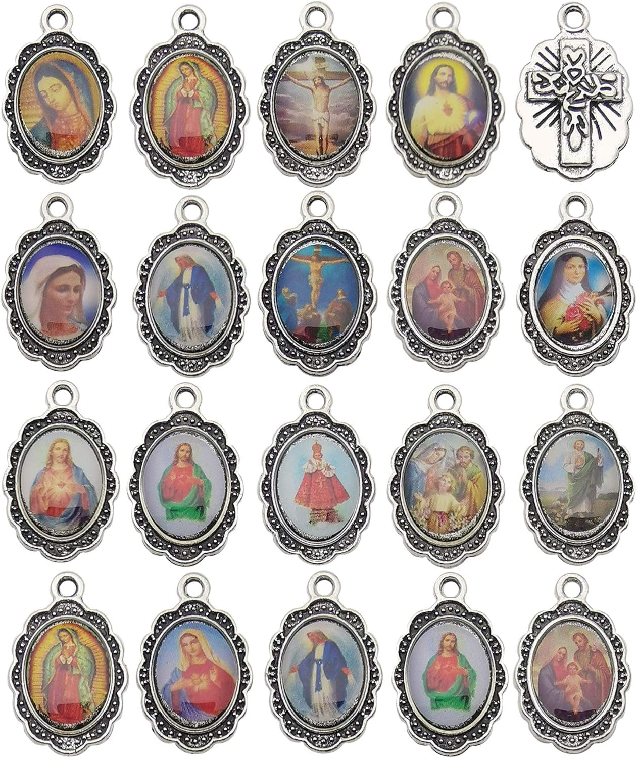 50Pcs Antique Silver Picture Jesus Enamel Our Lady Miraculous Medal Floral Rosary Centerpiece Alloy Crucifix Cross Mother'S Day Pendants Charms for Jewelry Making (M218) - WORLD TIME VISITS