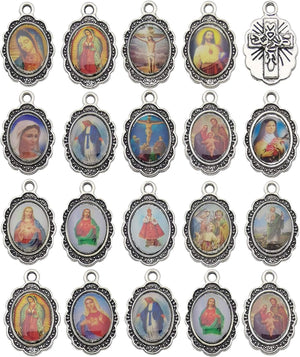 50Pcs Antique Silver Picture Jesus Enamel Our Lady Miraculous Medal Floral Rosary Centerpiece Alloy Crucifix Cross Mother'S Day Pendants Charms for Jewelry Making (M218)