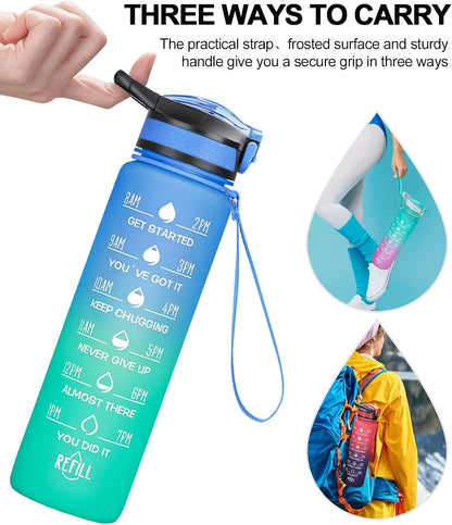 32/24 Oz Water Bottles with Removable Straw & Time Marker, Motivational Sports Bottles with BPA Free Tritan Material, Leakproof Water Jug for Fitness