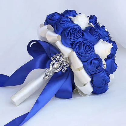 Exquisitely Handmade Ribbon Diamond Bridesmaids Holding Flowers 21CM Pearl Rhinestone Brooch Bridal Bouquet Artificial Silk Rose Wedding Flower Bouquet