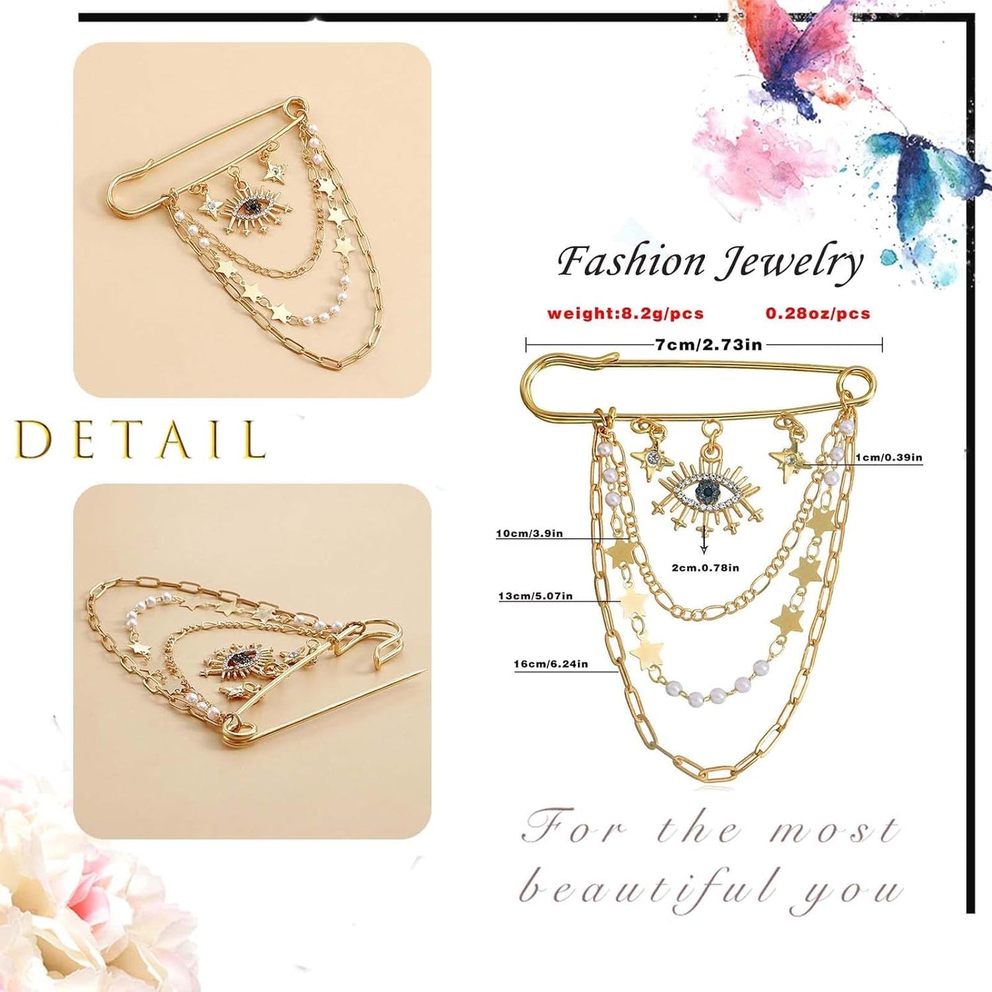 Crystal Eye Brooch Pin Multi-Layer Hanging Chain Lapel Pin Elegance CZ Evil Eye Star Charm Brooch Lucky Devil Eye Tassel Pin Wedding Bouquet Badge Jewelry for Women Men