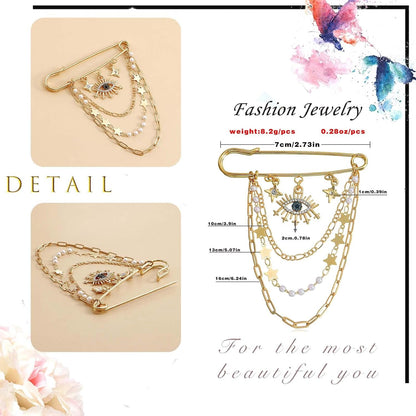 Crystal Eye Brooch Pin Multi-Layer Hanging Chain Lapel Pin Elegance CZ Evil Eye Star Charm Brooch Lucky Devil Eye Tassel Pin Wedding Bouquet Badge Jewelry for Women Men