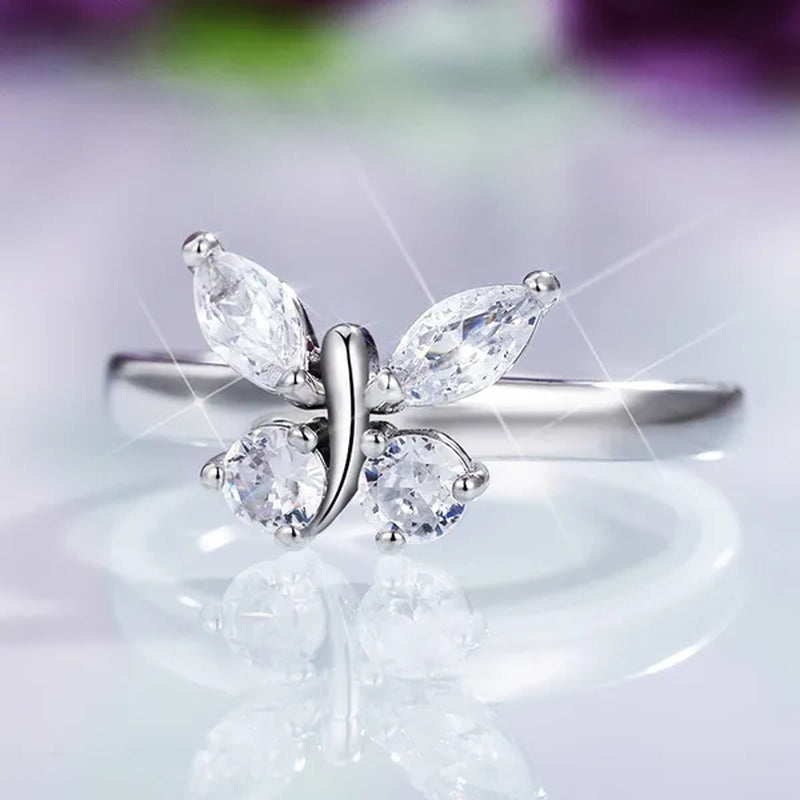 "If you are in full bloom, the butterfly will come" luxury silver crystal butterfly ring cubic zirconia exquisite bridal wedding party ring fashion jewelry (size: 5-11)