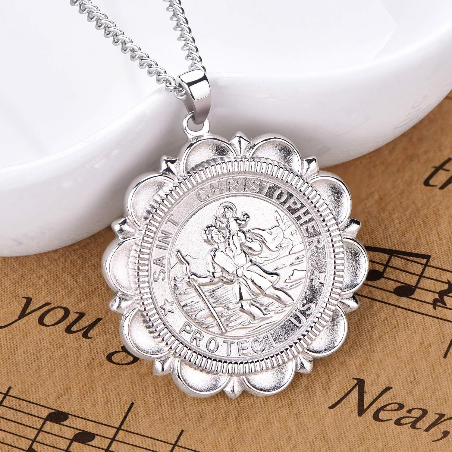 St Christopher Necklace Solid 925 Sterling Sliver Engraved Pendant round Religious Talisman Jewelry for Women - WORLD TIME VISITS