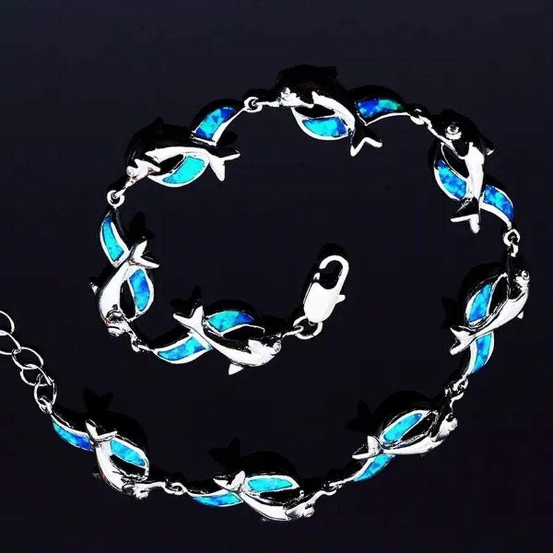 Womens Jewelry 925 Sterling Silver Dolphin Style Blue/red  Fire Opal Diamond Charm Chain Bracelet