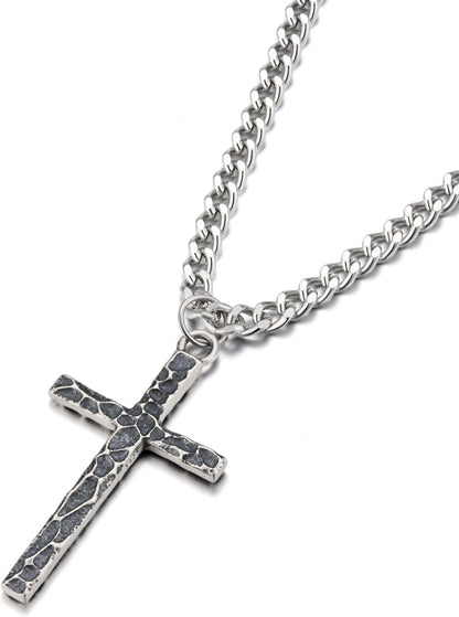 925 Sterling Silver Cross Necklace Men - Oxidized Hammered Cross Pendant with Stainless Steel Cuban Link Curb Chain Vintage Unique Crucifix Necklaces Silver Jewelry for Mens Women 16-30 Inches - WORLD TIME VISITS
