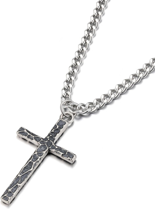 925 Sterling Silver Cross Necklace Men - Oxidized Hammered Cross Pendant with Stainless Steel Cuban Link Curb Chain Vintage Unique Crucifix Necklaces Silver Jewelry for Mens Women 16-30 Inches - WORLD TIME VISITS